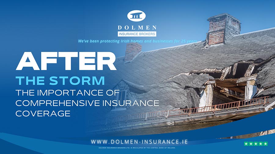 Image shows damaged roof. Text regarding the importance of comprehensive insurance.