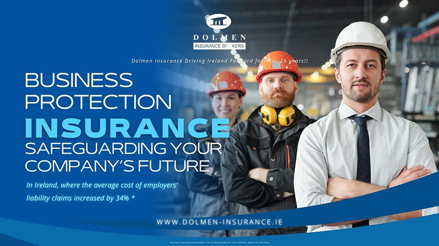 Shows three people in hard hats. Text regarding business protection insurance.