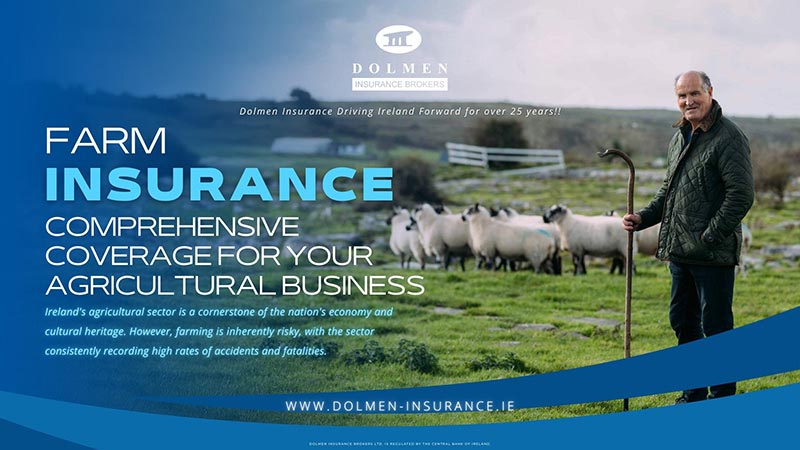 Image shows farmer on right with sheep in background. Text regarding farm insurance.