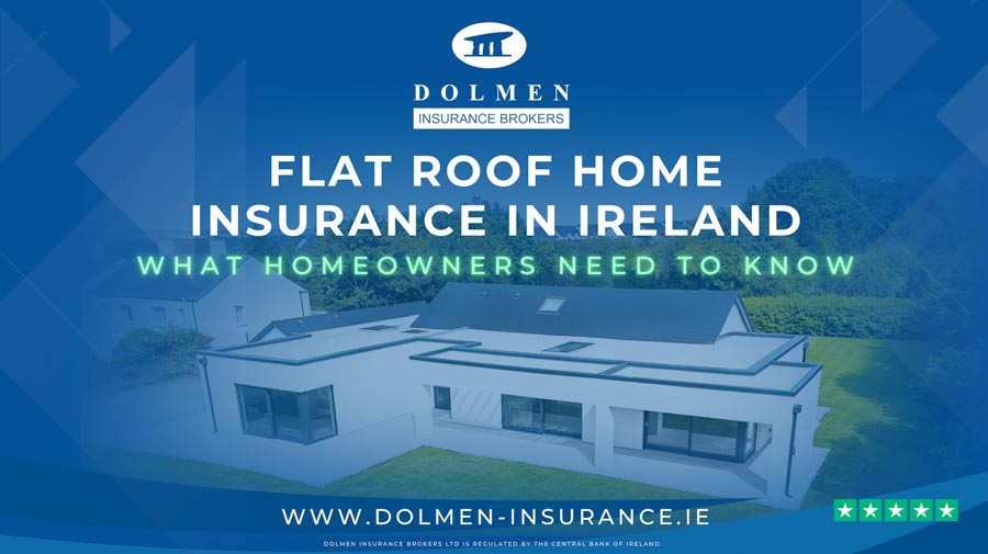 Image shows flat roof house. Text regarding flat roof insurance.