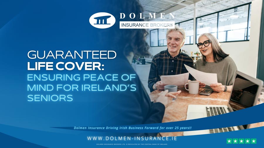 Image shows man and woman holding papers talking to someone out of shot. Text regarding guaranteed life cover.