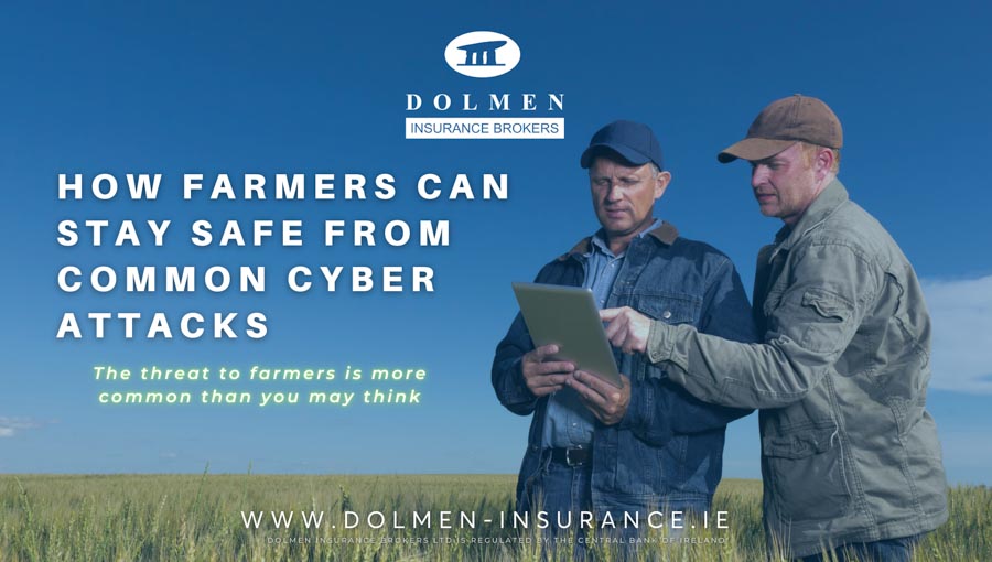 Shows two men working in long grass pointing at a tablet device. Text regarding farmers and protection against cyber attakcs.