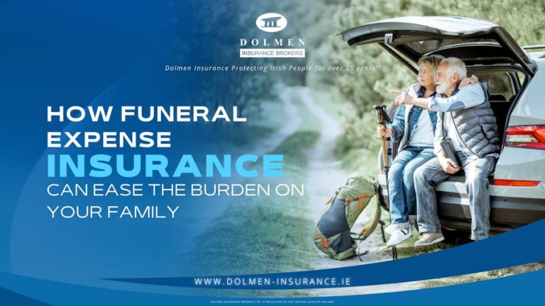 To elderly hikers sitting in the boot of their car pointing. Text about funeral expenses.