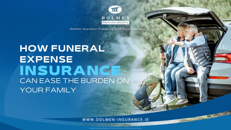 To elderly hikers sitting in the boot of their car pointing. Text about funeral expenses.