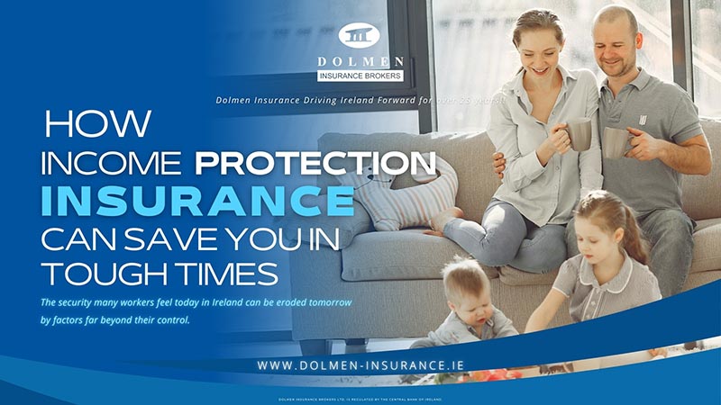 family sitting in room. Text regarding income protection insurance.