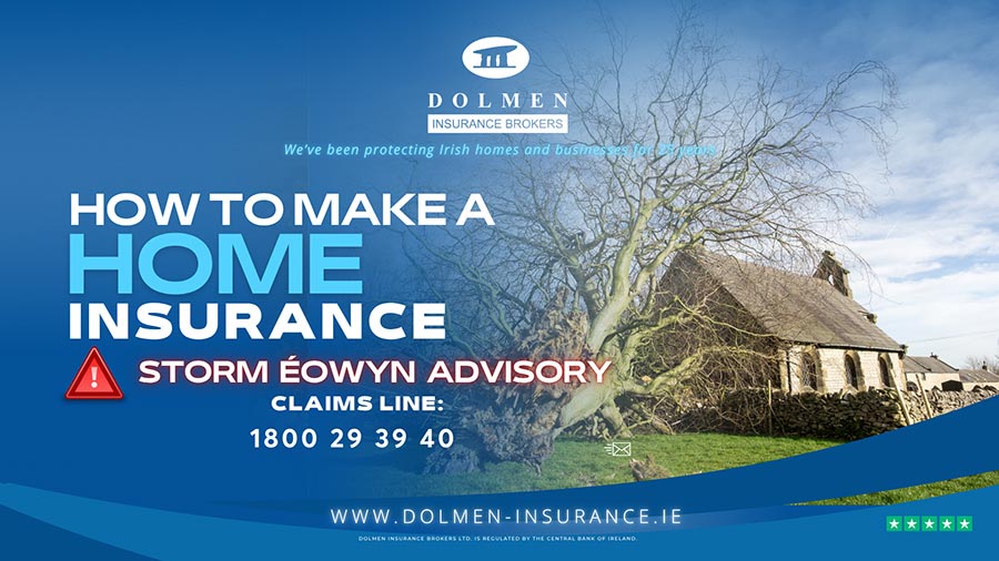 Dolmen Insurance blog cover showing a fallen tree beside a house with text about making a home insurance claim during Storm Éowyn
