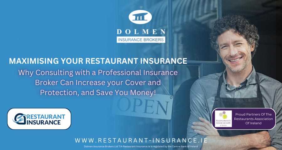 Dolmen Insurance blog cover showing a restaurant owner standing outside their business with text about maximising restaurant insurance coverage