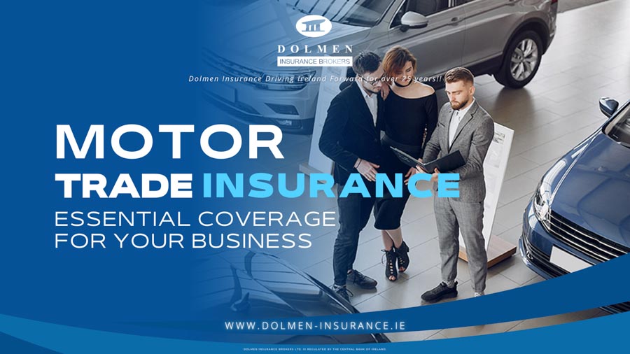 Dolmen Insurance blog cover showing business professionals reviewing documents in a car showroom with text about motor trade insurance for businesses.