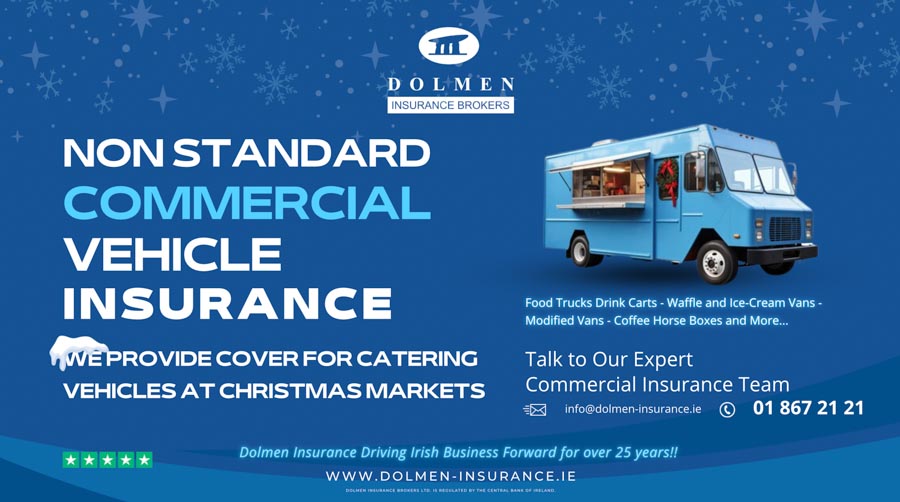 Dolmen Insurance blog cover showing a food truck with text about non-standard commercial vehicle insurance for catering vehicles.