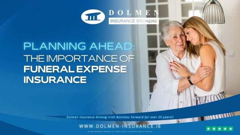 Dolmen Insurance blog cover showing a woman comforting an older relative with text about planning ahead with funeral expense insurance