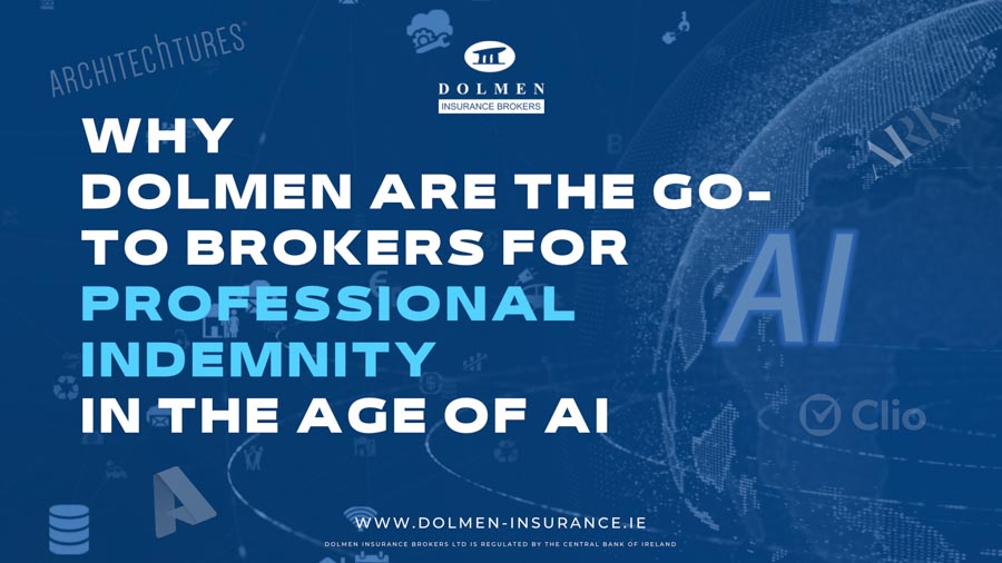 Dolmen Insurance blog cover showing AI-themed digital graphics with text about professional indemnity insurance in the age of AI.