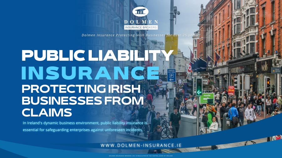 Dolmen Insurance blog cover showing a busy city street with pedestrians and text about public liability insurance for Irish businesses.