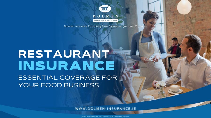 Dolmen Insurance blog cover showing a waitress serving customers in a restaurant with text about restaurant insurance coverage.