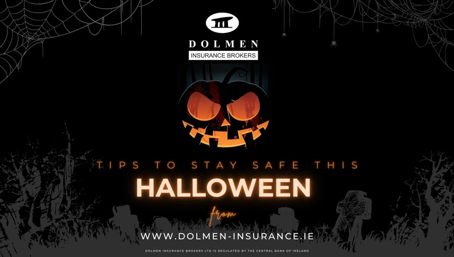 Dolmen Insurance graphic with Halloween theme featuring a carved pumpkin and text about safety tips for Halloween.