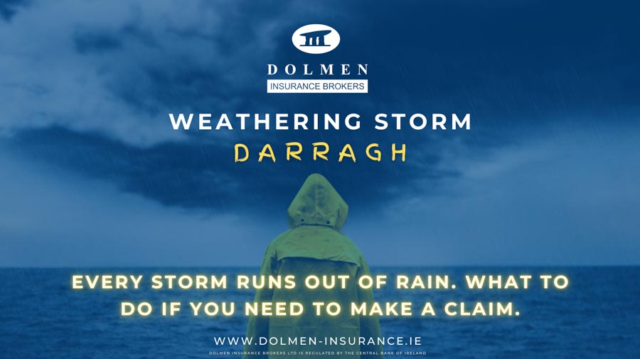 Dolmen Insurance blog cover showing a person in a rain jacket facing stormy seas with text about Storm Darragh and making an insurance claim.