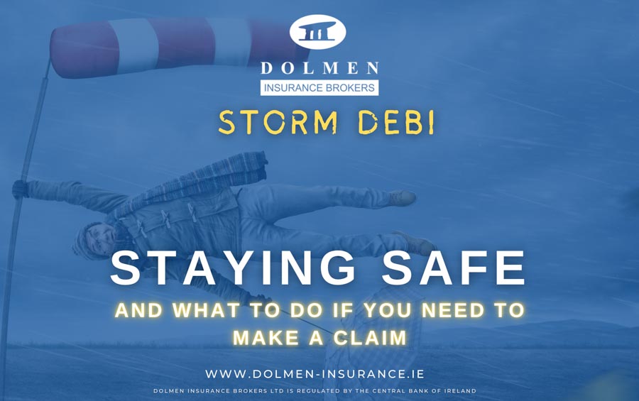 Dolmen Insurance blog cover showing strong winds blowing a person sideways with text about staying safe during Storm Debi and making an insurance claim