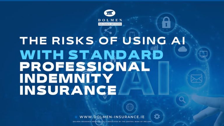 Dolmen Insurance blog cover showing digital AI icons and interface graphics with text about risks of using AI with standard professional indemnity insurance.