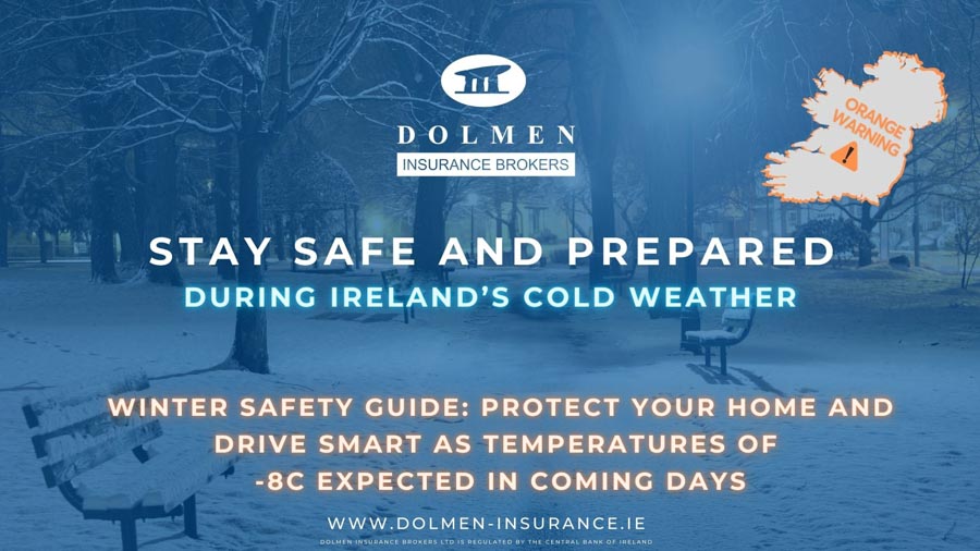 Dolmen Insurance blog cover showing a snowy park with text about winter safety and preparing for cold weather in Ireland.