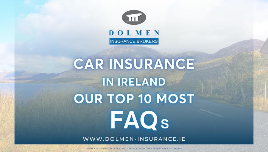 Dolmen Insurance blog cover showing a scenic coastal road with text about car insurance FAQs in Ireland.