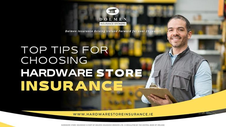 Dolmen Insurance blog cover showing a hardware store worker holding a clipboard with text about choosing hardware store insurance