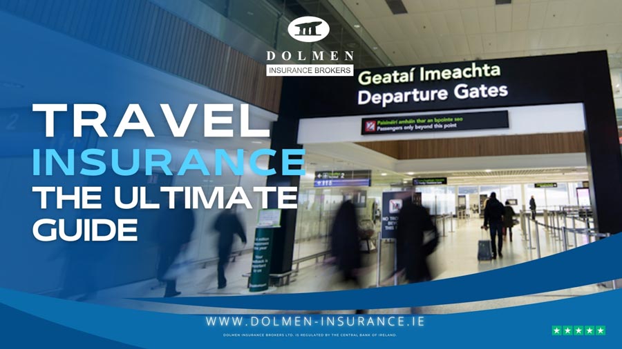 Dolmen Insurance blog cover showing an airport departure gate with travellers and text about a travel insurance guide.
