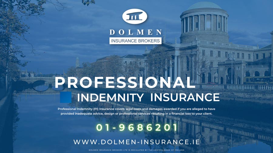 Dolmen Insurance blog cover showing Dublin cityscape with text about professional indemnity insurance for businesses and professionals.