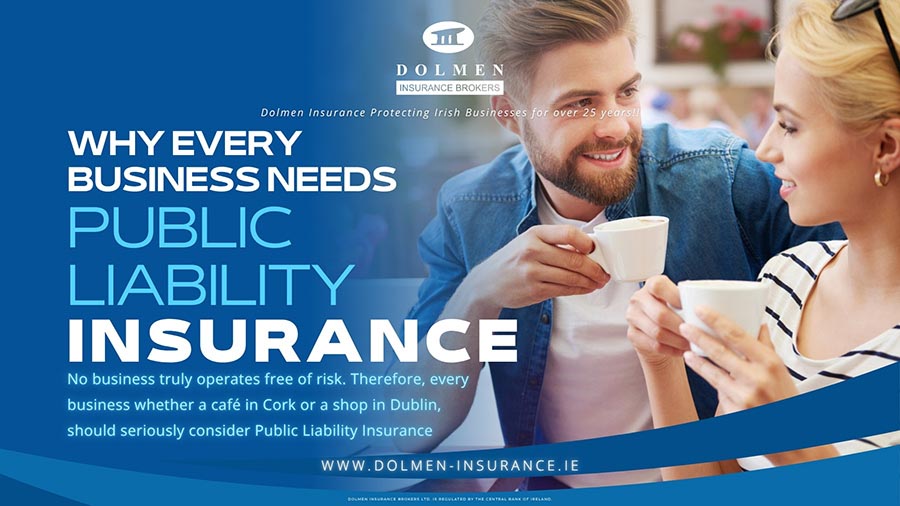 “Dolmen Insurance blog cover showing two people in a café setting with text about why every business needs public liability insurance.