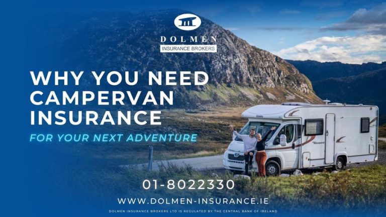 Dolmen Insurance blog cover showing a campervan parked in a scenic mountain landscape with text about campervan insurance for travel.