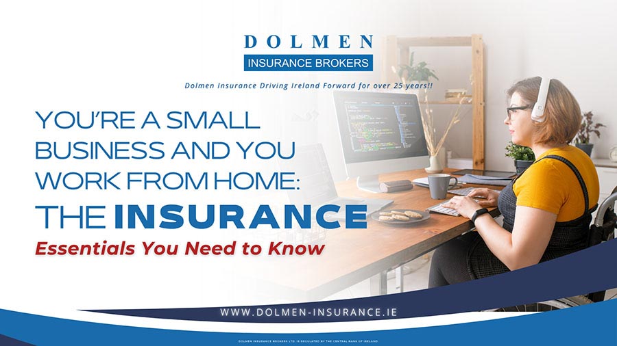 Dolmen Insurance blog cover showing a person working from home at a computer with text about insurance essentials for small businesses.