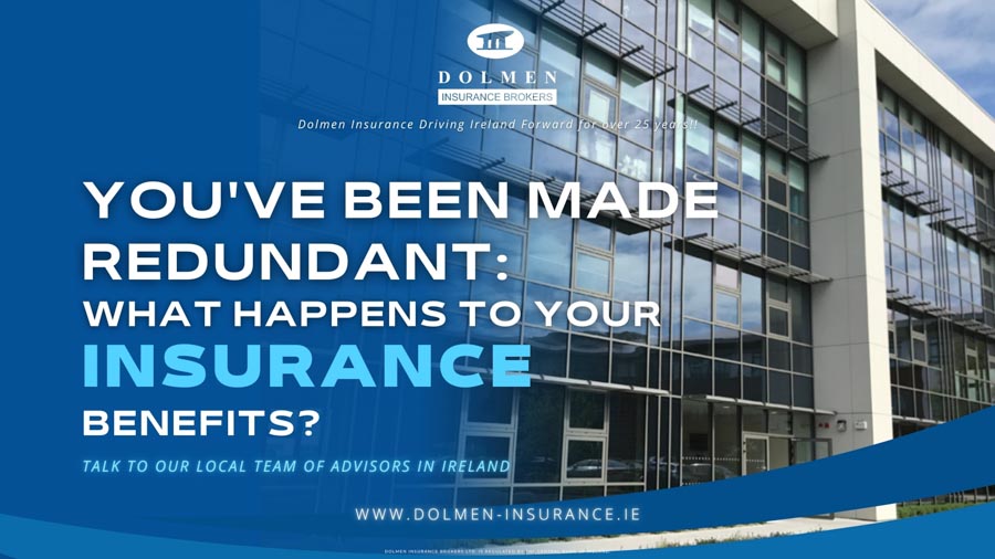 Dolmen Insurance blog cover showing a modern office building with text about insurance benefits after redundancy