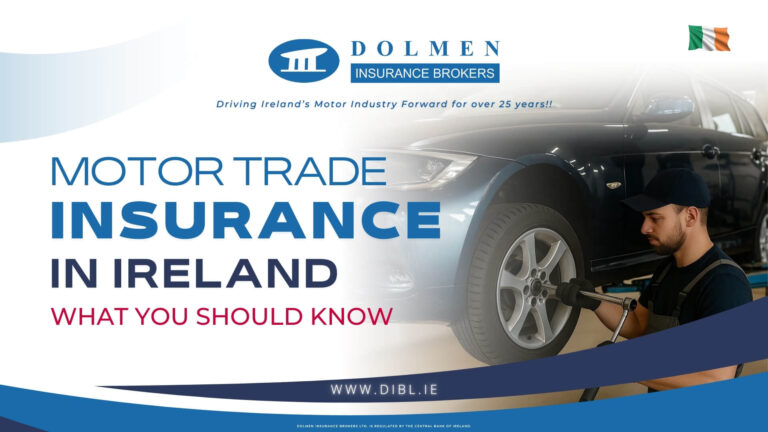 A picture on the right of a mechanic fixing a car. text on the left says "Motor Trade Insurance in Ireland, what you