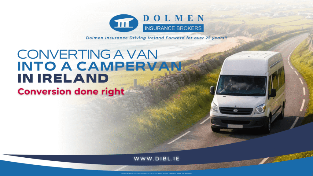picture on right of Campervan driving on road. text on the left says converting a van into a campervan in ireland, conversion done right.