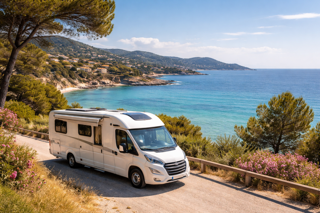 Campervan on french-looking coastline