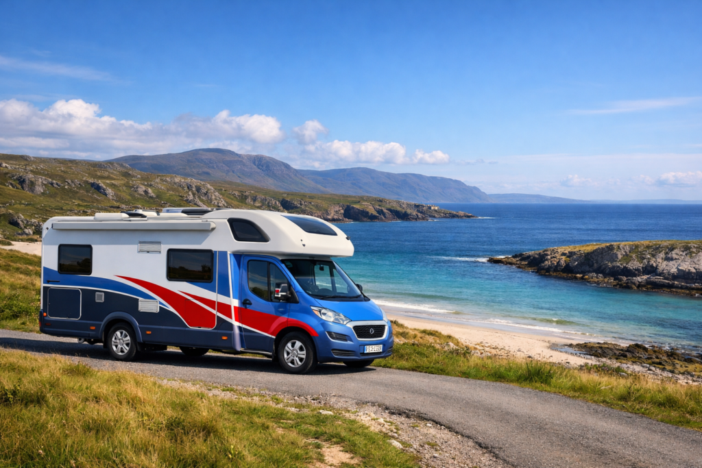 Campervan sitting on scenic coast line