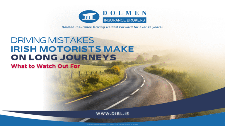 image of Irish road on the right with text on the left saying "Driving Mistakes Irish Motorists make on long journeys, what to watch out for"