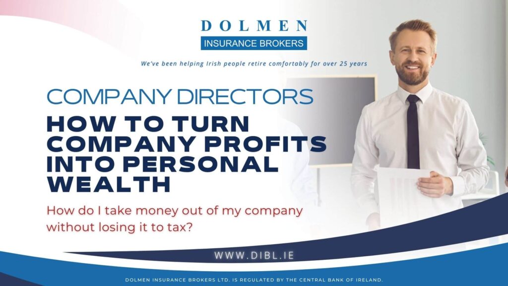 Company director with pension document in his hand smiling is his office. Text on the left of the image