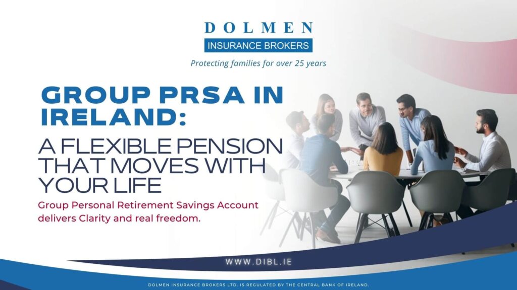 Group PRSA Ireland pension planning. A group of Irish workers sitting around a table discussing pensions and group pensions. Text on the left of the image reflects the same