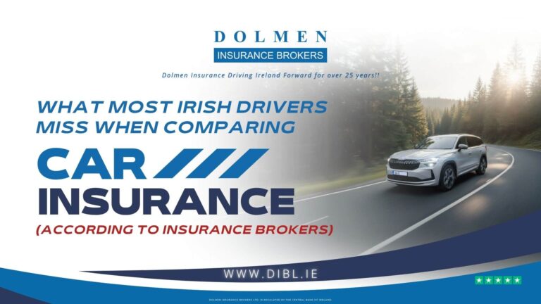 Picture of a skoda Kodiaq on the road in Kerry Ireland Text on the left says "Car Insurance"