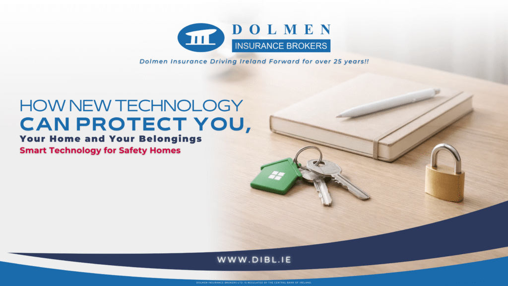image of notepad, keys and a padlock with text on the left that says "How New Technology Can Protect You, Your Home and Your Belongings. Smart Technology for Safety Homes"