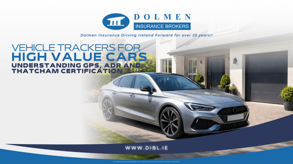 image of High-Value car in driveway with text on the left saying "Vehicle Trackers for high value cars understanding GPS, ADR and Thatcham Certification "