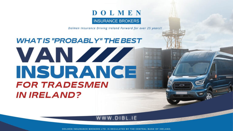 Blue Ford transit van on the docks in Dublin Ireland. Text on the side van insurance