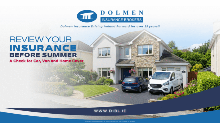 a Blog image showing a modern family home with a car and van parked outside it with title of blog "Review Your Insurance Before Summer" on the left