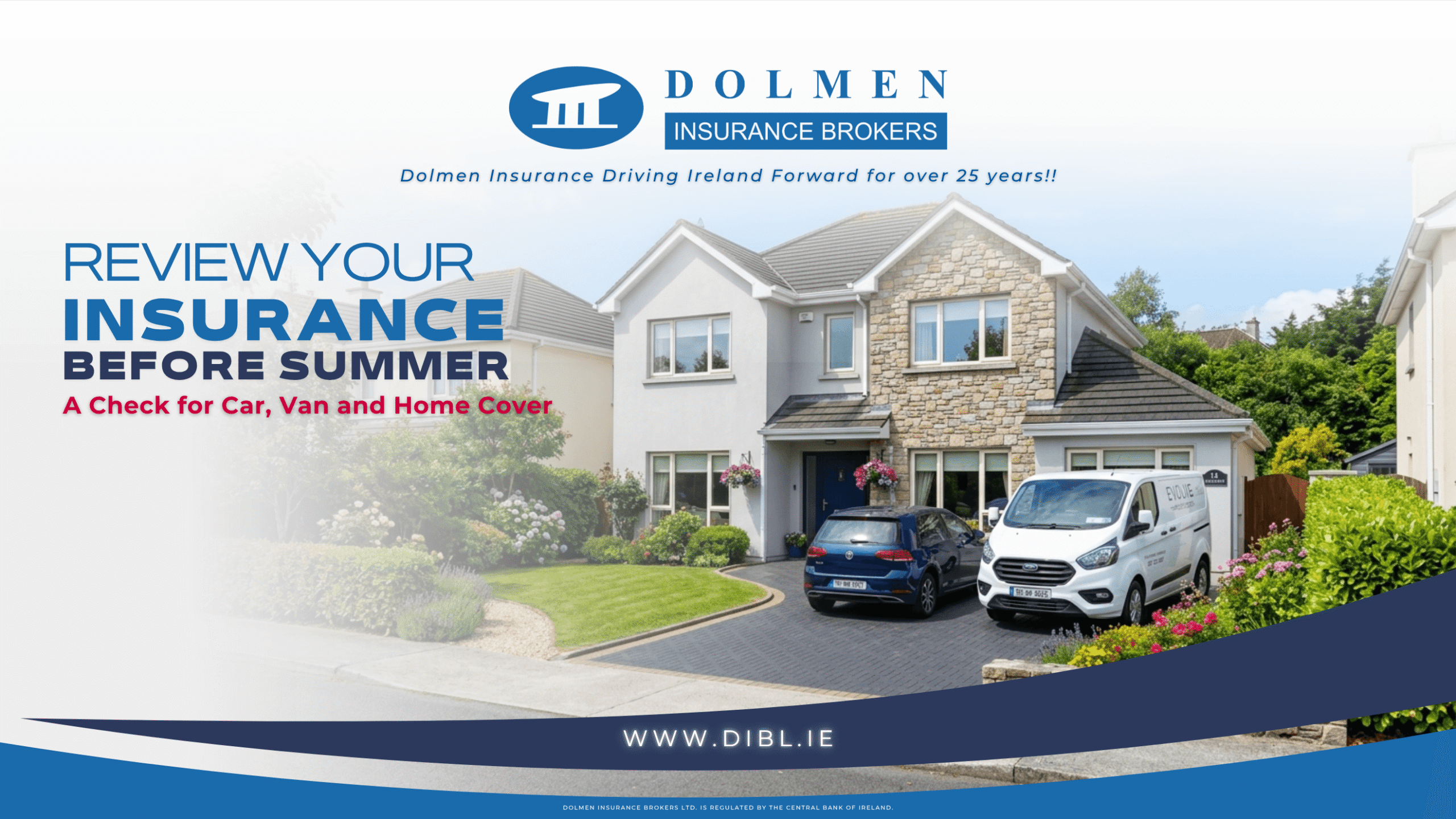 a Blog image showing a modern family home with a car and van parked outside it with title of blog "Review Your Insurance Before Summer" on the left