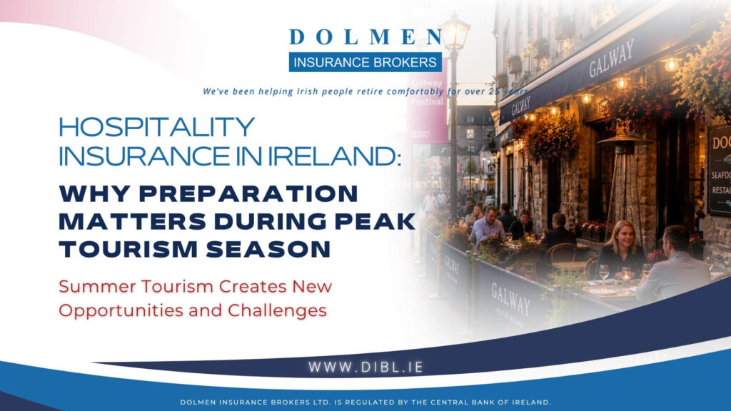 Restaurant in Galway City Ireland Busy with tourists. text on the left of the image discussing hospitality insurance