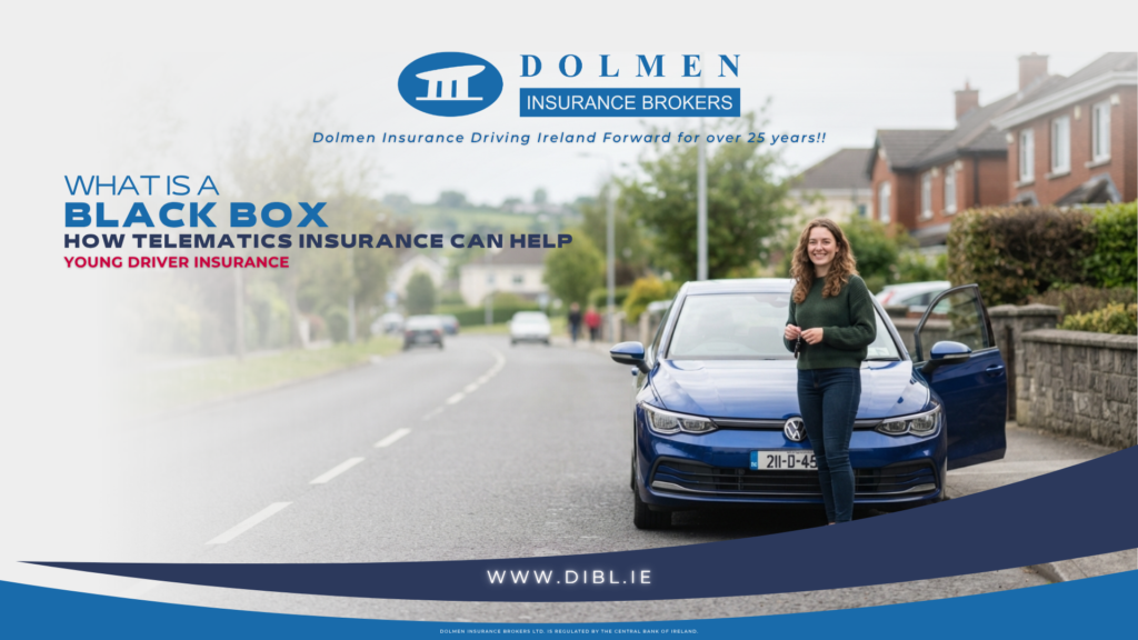 image of young driver stood with car and text on left saying "What is a Black Box, How Telematics Insurance Can Help"