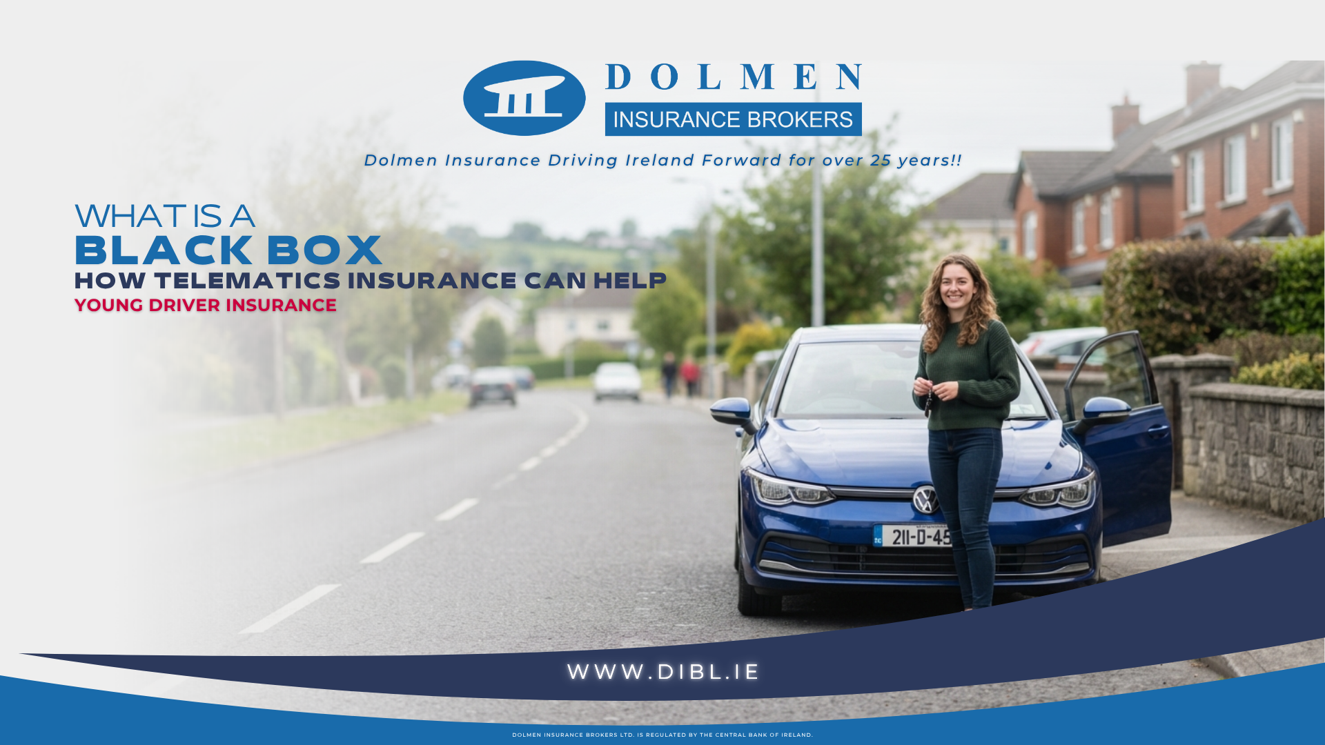 image of young driver stood with car and text on left saying "What is a Black Box, How Telematics Insurance Can Help"